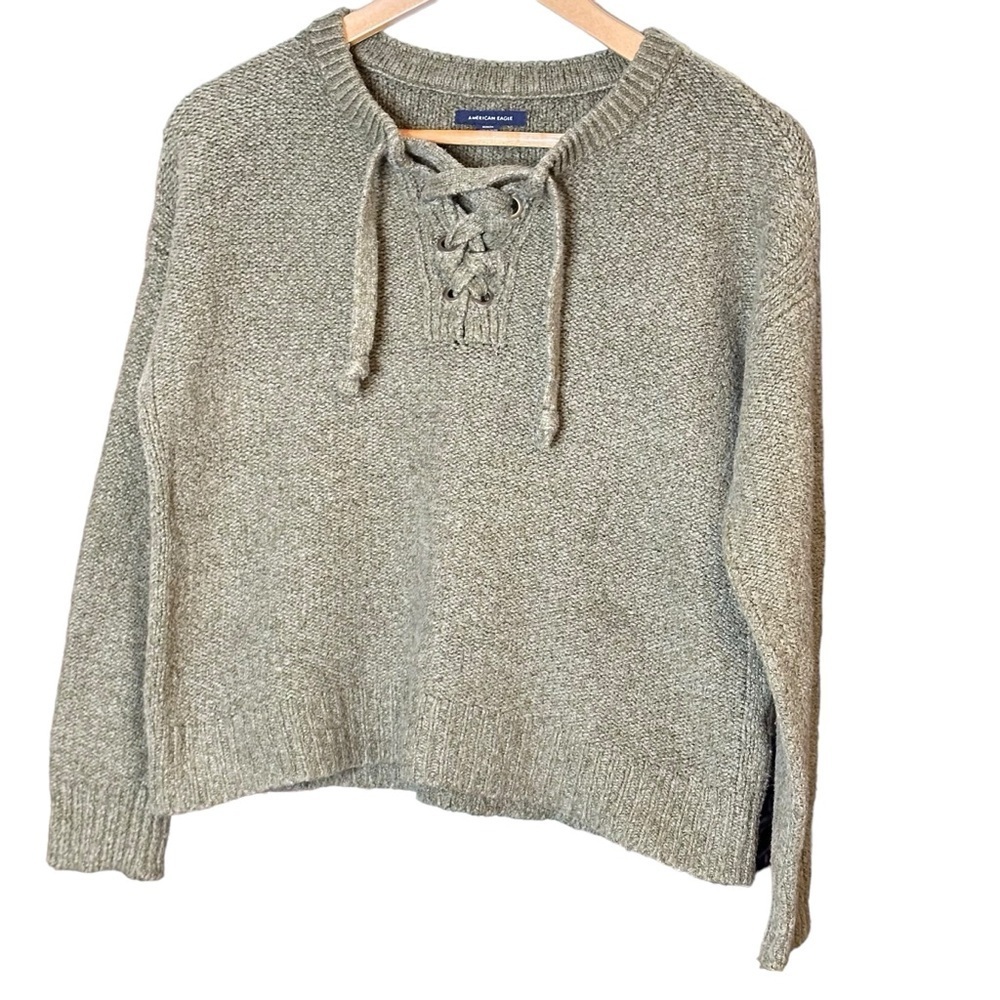 🔴5 for $40 SALE!  American Eagle Olive Green, LaceUp, Crop Top Neck Sweater sz M